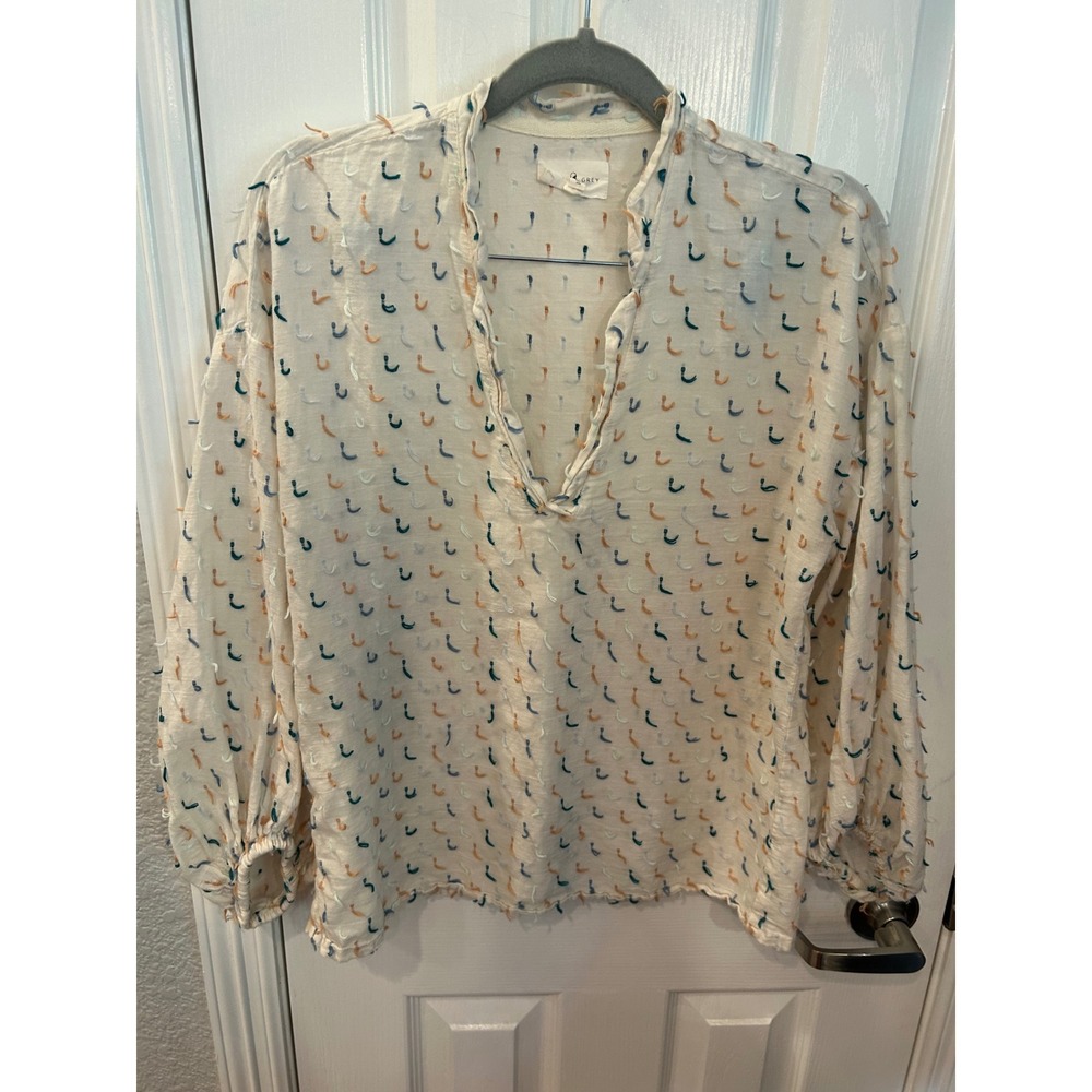 Lou & Grey Blouse Ivory Clip Dot Eyelash Fringe V-Neck Boho Cotton Top XS